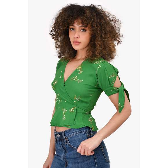 Faithfull The Brand Green Floral Crossover Blouse Size 2 - Picture 3 of 3